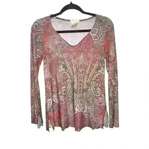 Y2K Paisley Top Bell Sleeves Side Slit Size Small V-Neck